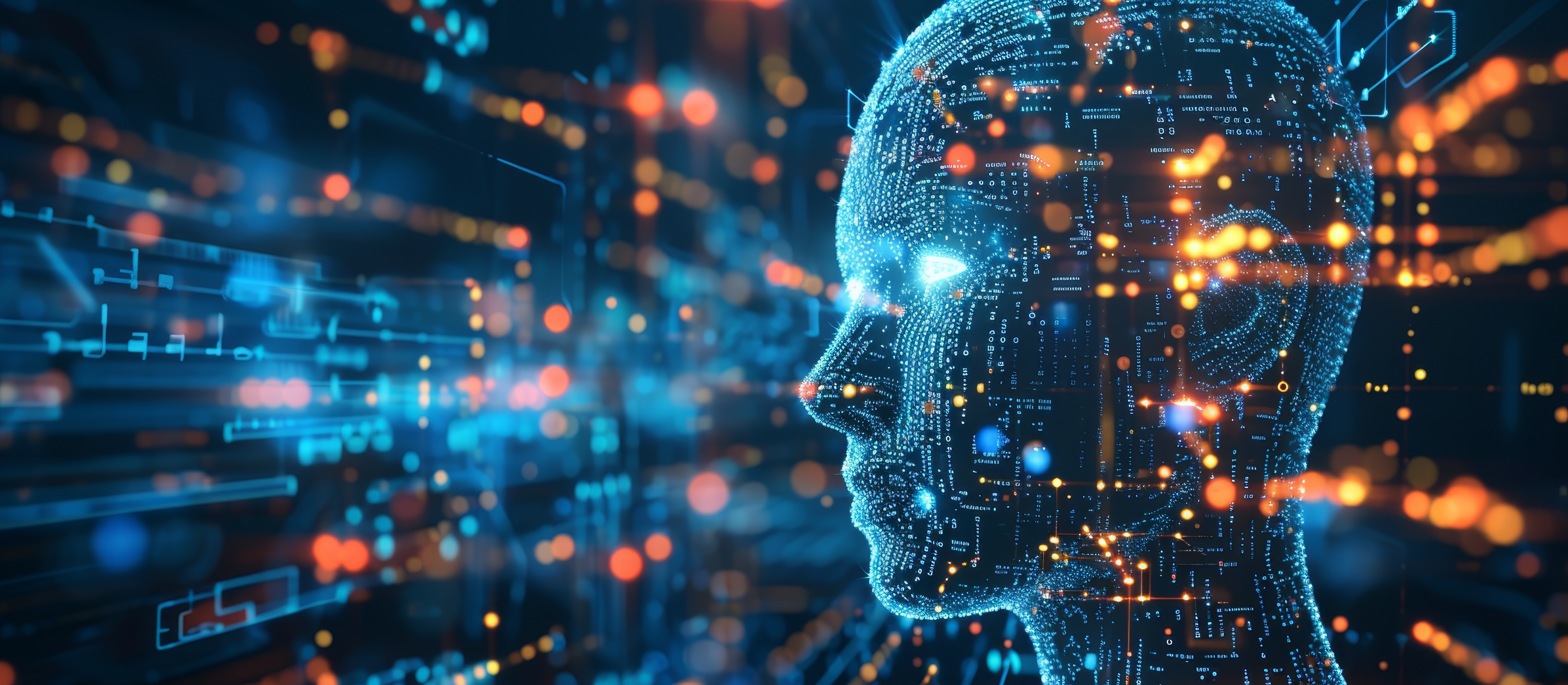 A digital illustration of a human head composed of interconnected blue circuitry and glowing orange nodes, representing artificial intelligence or advanced technology. The background features a blurred network of similar circuits and lights, emphasizing data flow and complex digital systems.