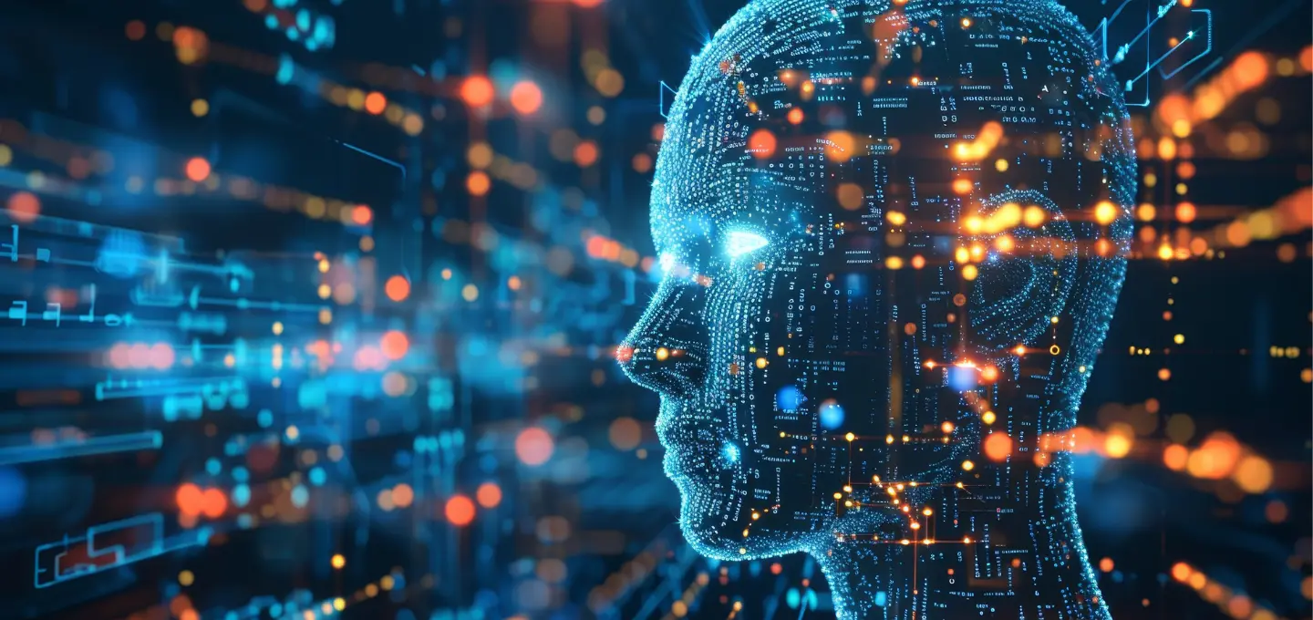 Een digitale illustratie van een menselijk hoofd dat is opgebouwd uit onderling verbonden blauwe schakelingen en gloeiende oranje knooppunten, als representatie van kunstmatige intelligentie of geavanceerde technologie. Op de achtergrond is een wazig netwerk van vergelijkbare schakelingen en lichtpunten te zien, wat de stroom van data en de complexiteit van digitale systemen benadrukt.