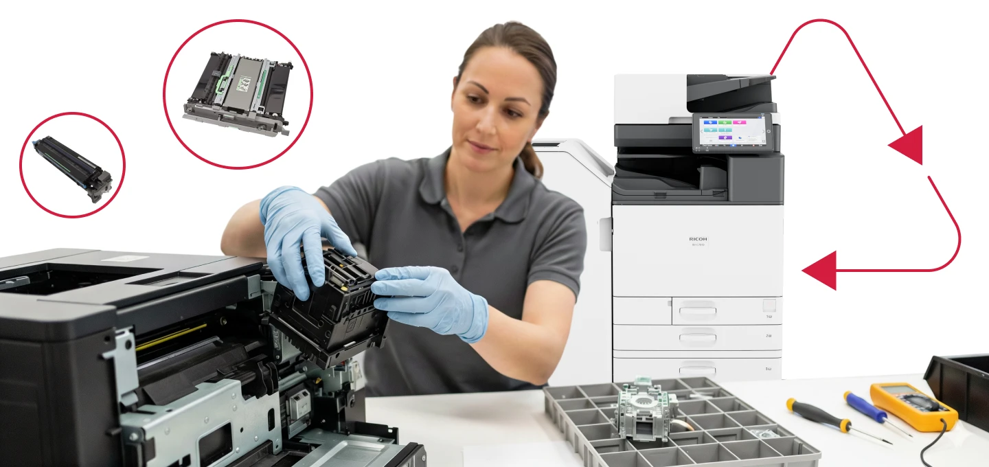 Technician servicing a printer with replaceable parts and circular arrows, illustrating repair, reuse and circular product pathways.