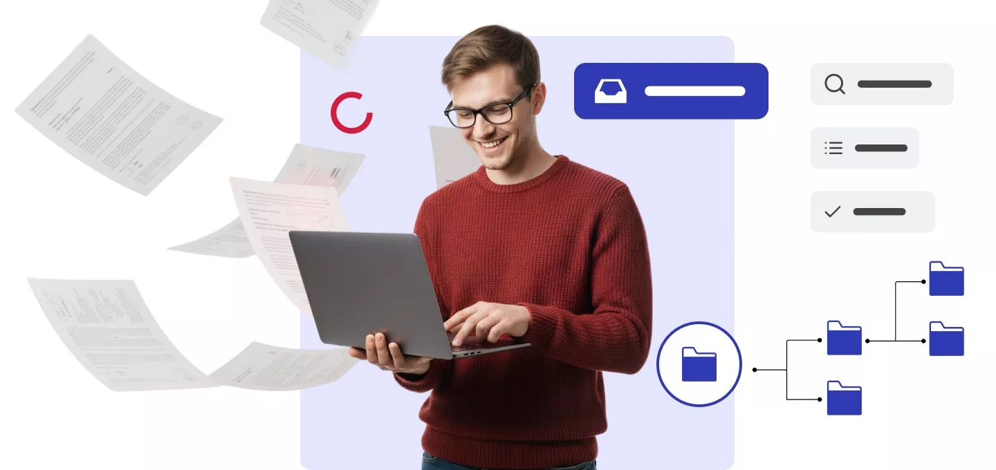  A cheerful man wearing a red sweater and glasses stands in front of a white and purple background, actively typing on a laptop. Surrounding him are visual metaphors for document management and digital organization. To his left, several paper documents are seen floating as if being scanned or digitized. To his right, an interconnected flowchart of blue folders represents file structure and workflow. Above this, stylized interface elements suggest tasks like searching, listing, and completing actions, including a prominent blue bar with a folder icon. A small red circular loading or processing symbol is near his shoulder.