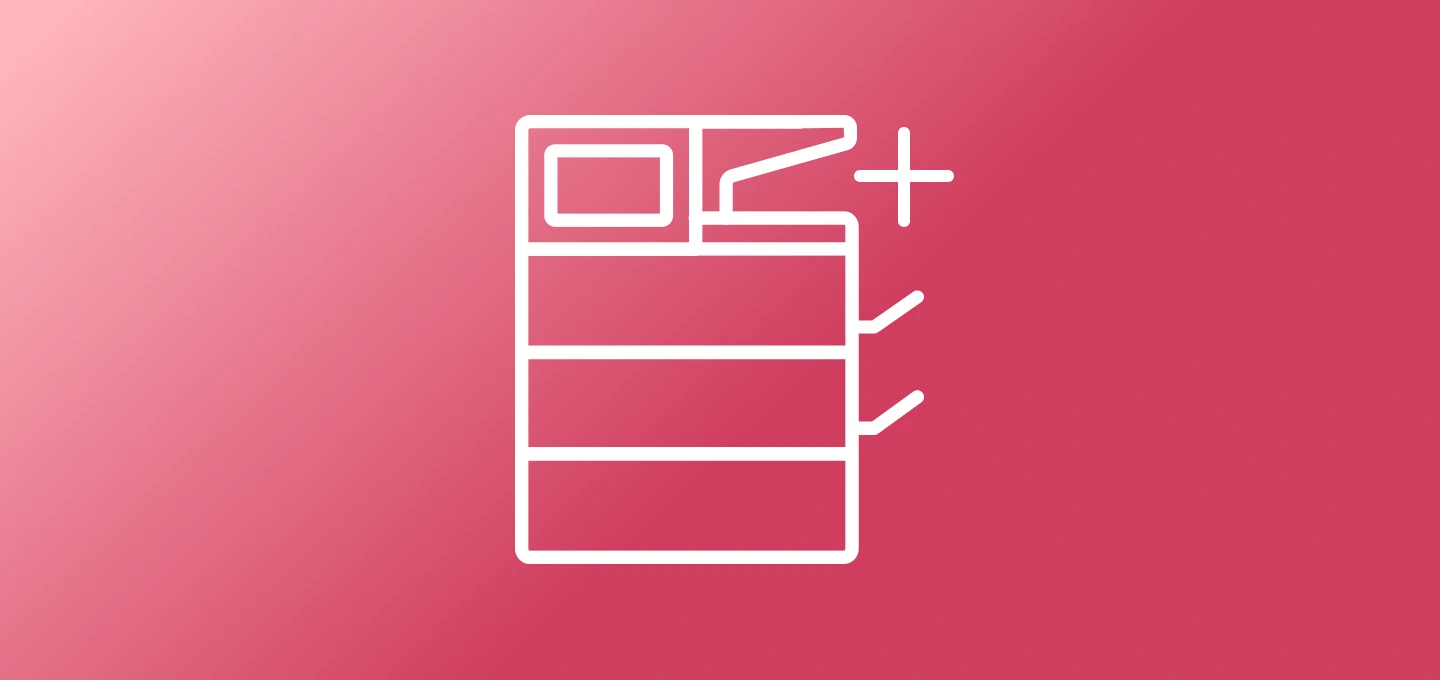 A simple white line drawing on a pink background shows a multifunctional printer.