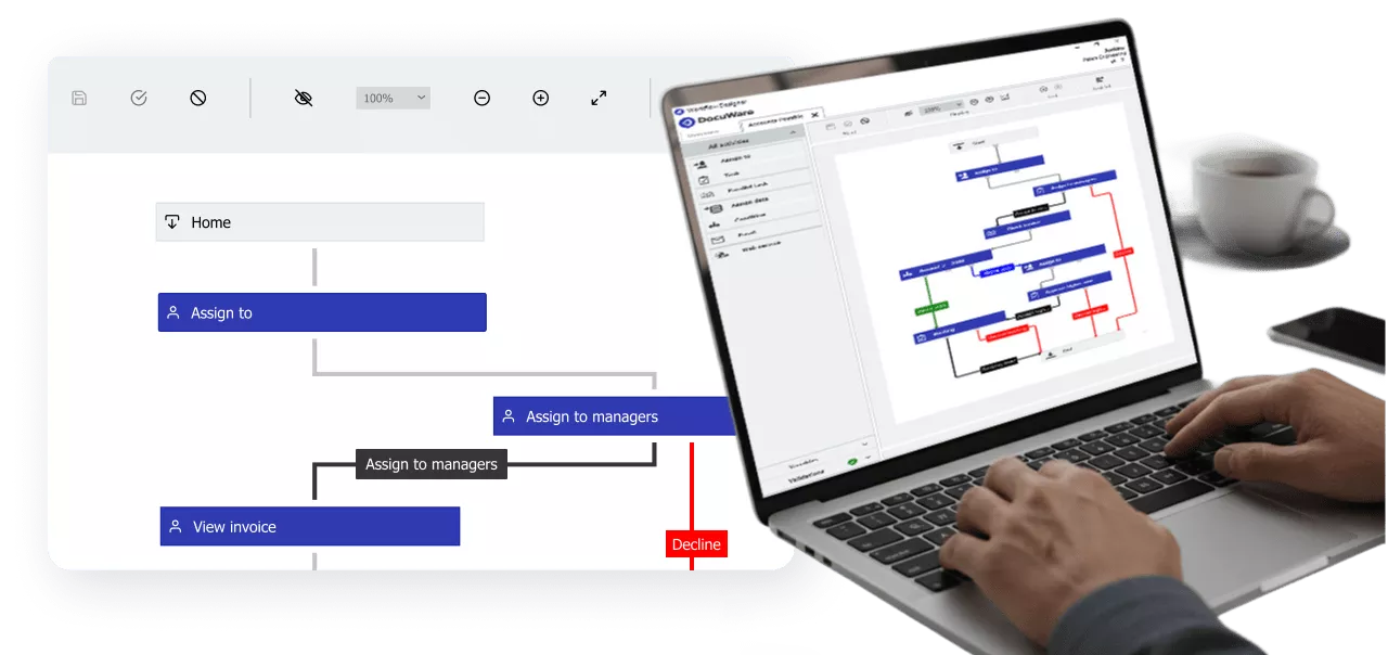 A close-up view of a person's hands typing on a laptop, with the screen displaying a complex, multi-branching digital workflow diagram with colored lines and process steps, suggesting business process automation or workflow modeling.