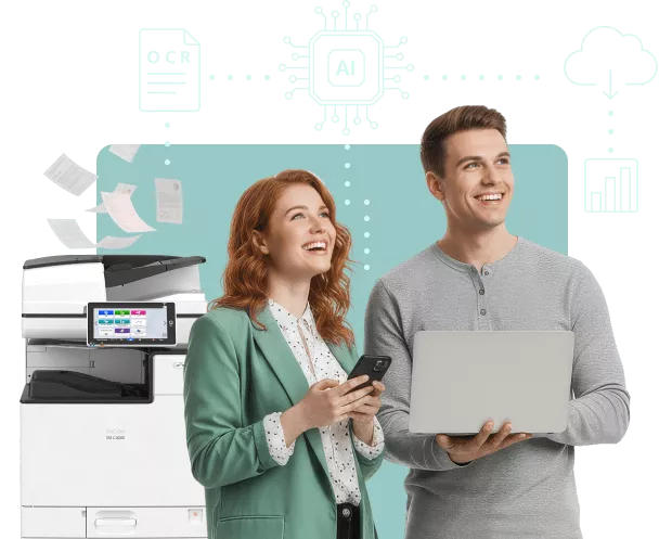Smiling man and woman using a laptop and smartphone for Intelligent Document Processing (IDP), connecting a multi-function printer to a digital cloud workflow.