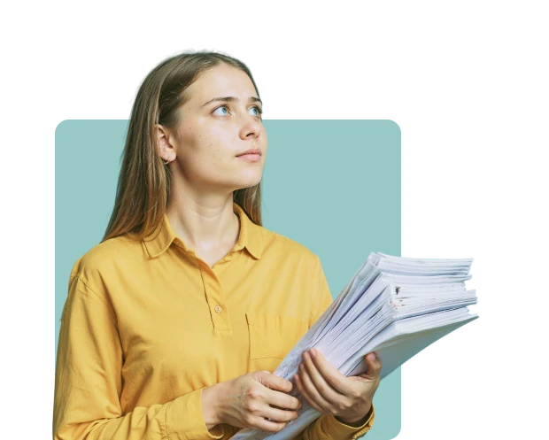 A young woman with long, light brown hair and fair skin is holding a large stack of papers in her hands. She is wearing a mustard-yellow button-up shirt and looking upwards with a thoughtful or concerned expression. The background is a gradient of teal shades with a lighter square behind her, creating a modern and clean design.
