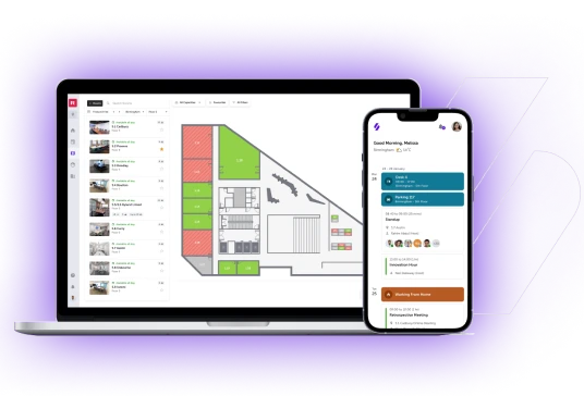 A laptop and smartphone display the Ricoh Spaces app, showing a building floor plan with room availability and a personal schedule with meeting details.