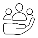 Icon of an open hand supporting a group of three stylized human figures, representing HR community.