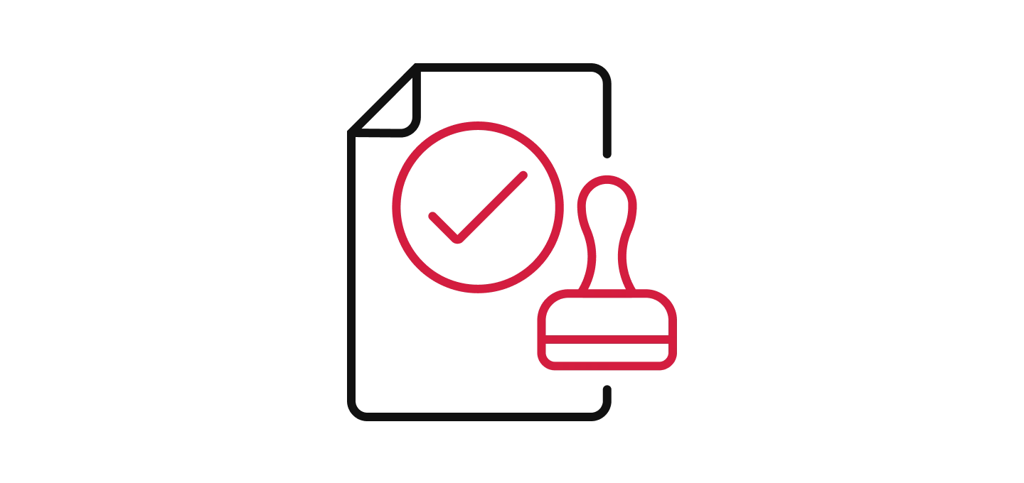 Document with a checkmark and stamp, symbolizing approval or verification.