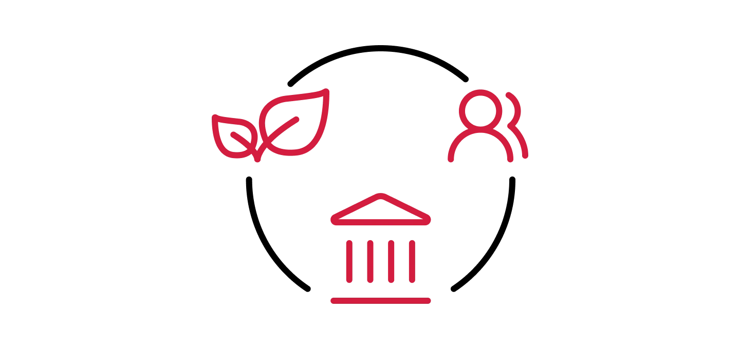 Circular icon combining leaf, people and government building, representing ESG-focused procurement and governance.