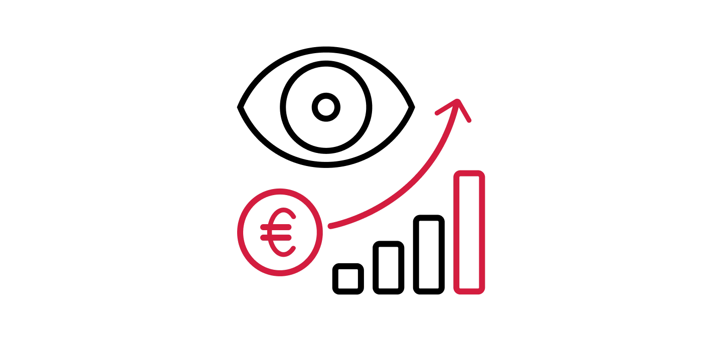 Icon of a Euro symbol with an upward trend arrow, representing revenue increase or growth