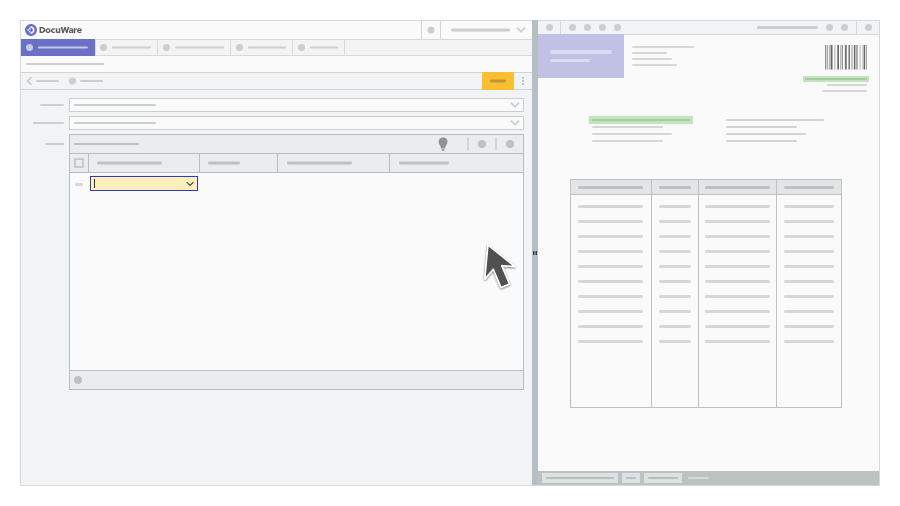 An illustration shows a split computer screen with two document views. On the left, there's a table with a highlighted yellow cell and purple lightbulb icons above some columns. A wavy purple line is visible in one of the cells. On the right, another document view shows a table with blue and purple highlights above some columns, and a cursor hovering over a purple lightbulb icon. The overall style is clean and digital, suggesting a software interface for document management or data analysis.