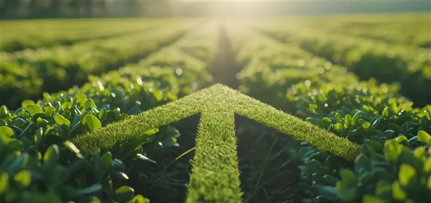 Groene planten die een pijl vormen door een zonovergoten veld, als symbool voor duurzame groei en vooruitgang.