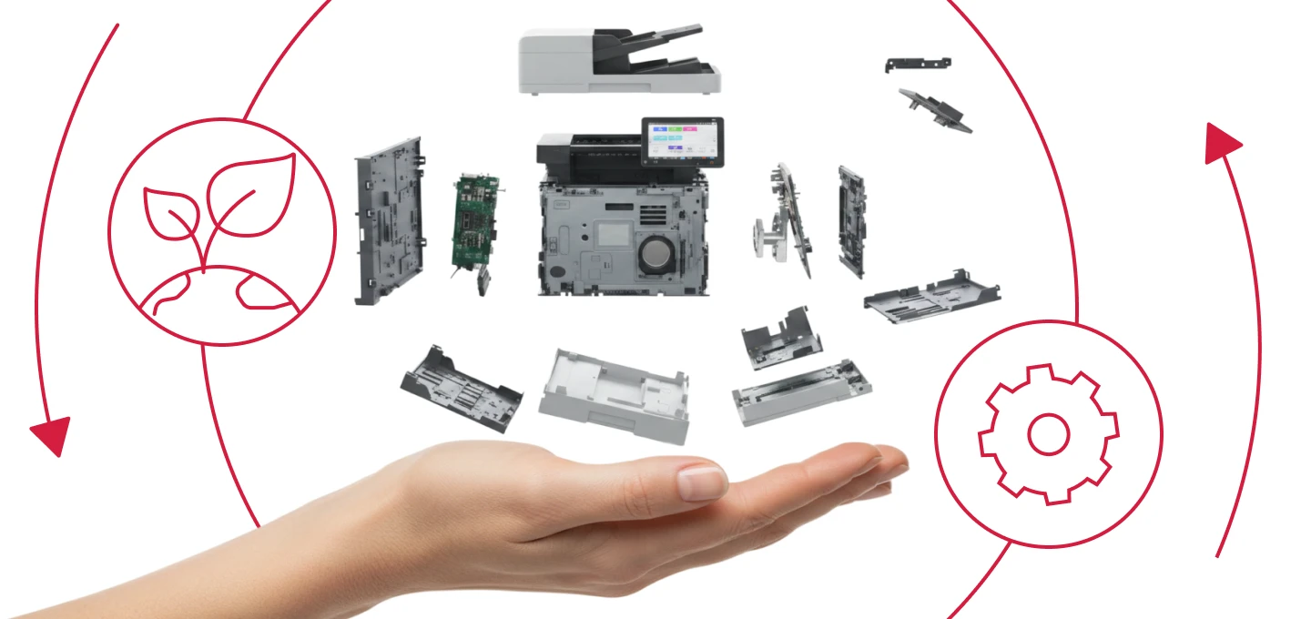Hand supporting disassembled printer components with circular arrows, leaf and gear icons, representing resource efficiency and circular manufacturing.