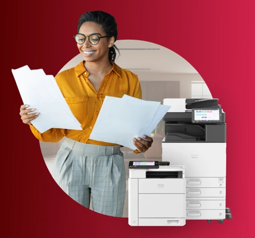 Person holding documents beside a multifunction office printer, set against a red gradient background with circular frame.