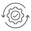 Cog with a checkmark inside circular arrows, representing continuous optimisation, improvement and automated processes.