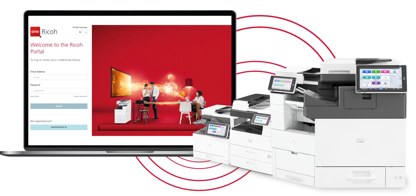 A laptop with the Ricoh logo on the screen. The screen shows a login page for the Ricoh Portal. A group of people are working together in the background. In the foreground, there are several Ricoh multifunction printers. The image is surrounded by red circles that transmit the idea of connection between the One Ricoh Portal and the Ricoh devices.