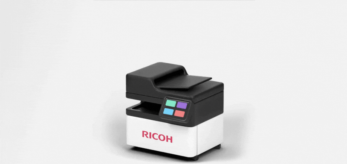 A graphic of a Ricoh printer with four surrounding icons: speed, handshake, security, and people.