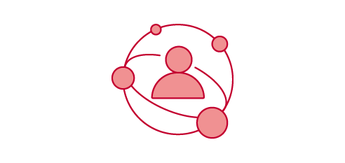 A red icon shows a simple outline of a person in the center. Curved lines extend from this person to connect with four circles placed around them.