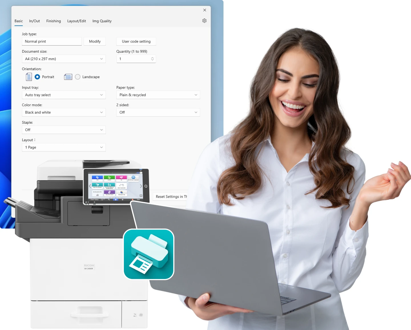 Smiling woman holding a laptop beside printer and Windows print settings interface, suggesting easy wireless printing setup.