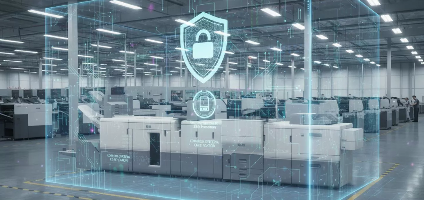 A digital graphic overlay with a large shield and padlock icon and other security-related symbols surrounds a Ricoh printer in a warehouse-like setting. The overlay highlights features such as "Common Criteria Certification" and "ISO 20074," suggesting a focus on digital security. Numerous other printers are visible in the background, along with a person in the distance.