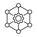 Hexagon network icon with connected nodes surrounding a central gear, representing system integration and interconnected digital processes.