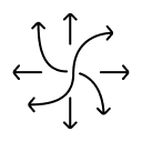 Icon of a central hub with curved arrows pointing in multiple directions, representing versatility, flexibility and multiple applications.