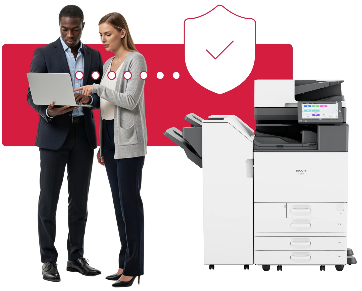 Two office professionals review a laptop beside a Ricoh multifunction printer, with a shield icon suggesting secure print management.