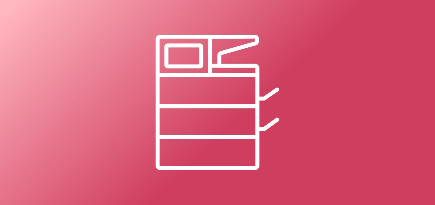 A simple white line drawing on a pink background shows a multifunctional printer.