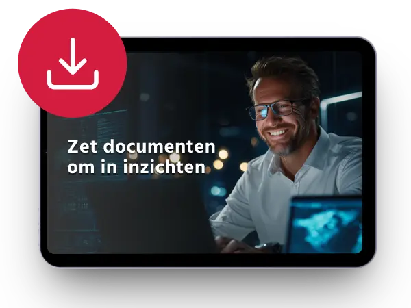 A smiling man in glasses works on a computer in a dimly lit office. Text reads: "Turning documents into actionable intelligence." A download icon is visible.