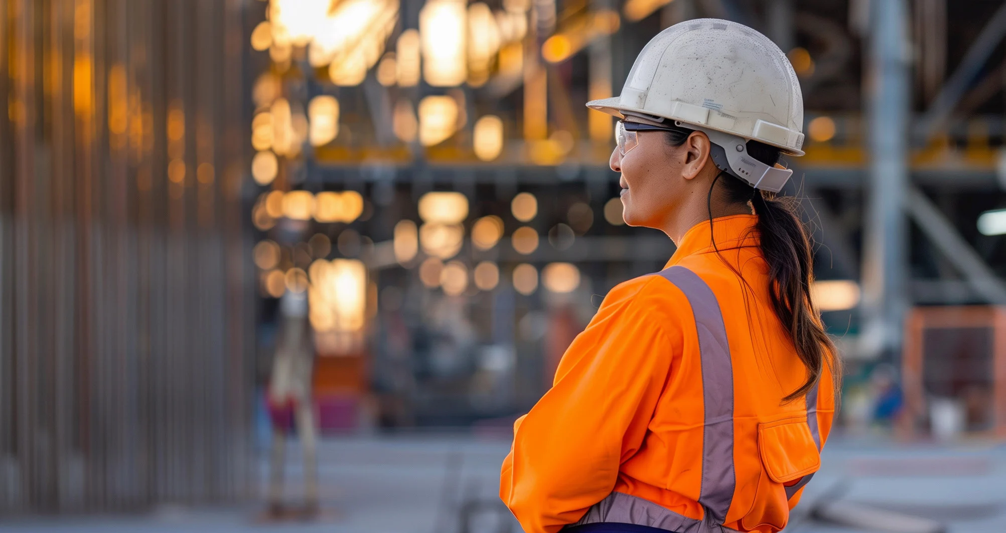 Nebest - Industriële professional in veiligheidsuitrusting die toezicht houdt op bouwplaatsactiviteiten en infrastructuurontwikkeling.