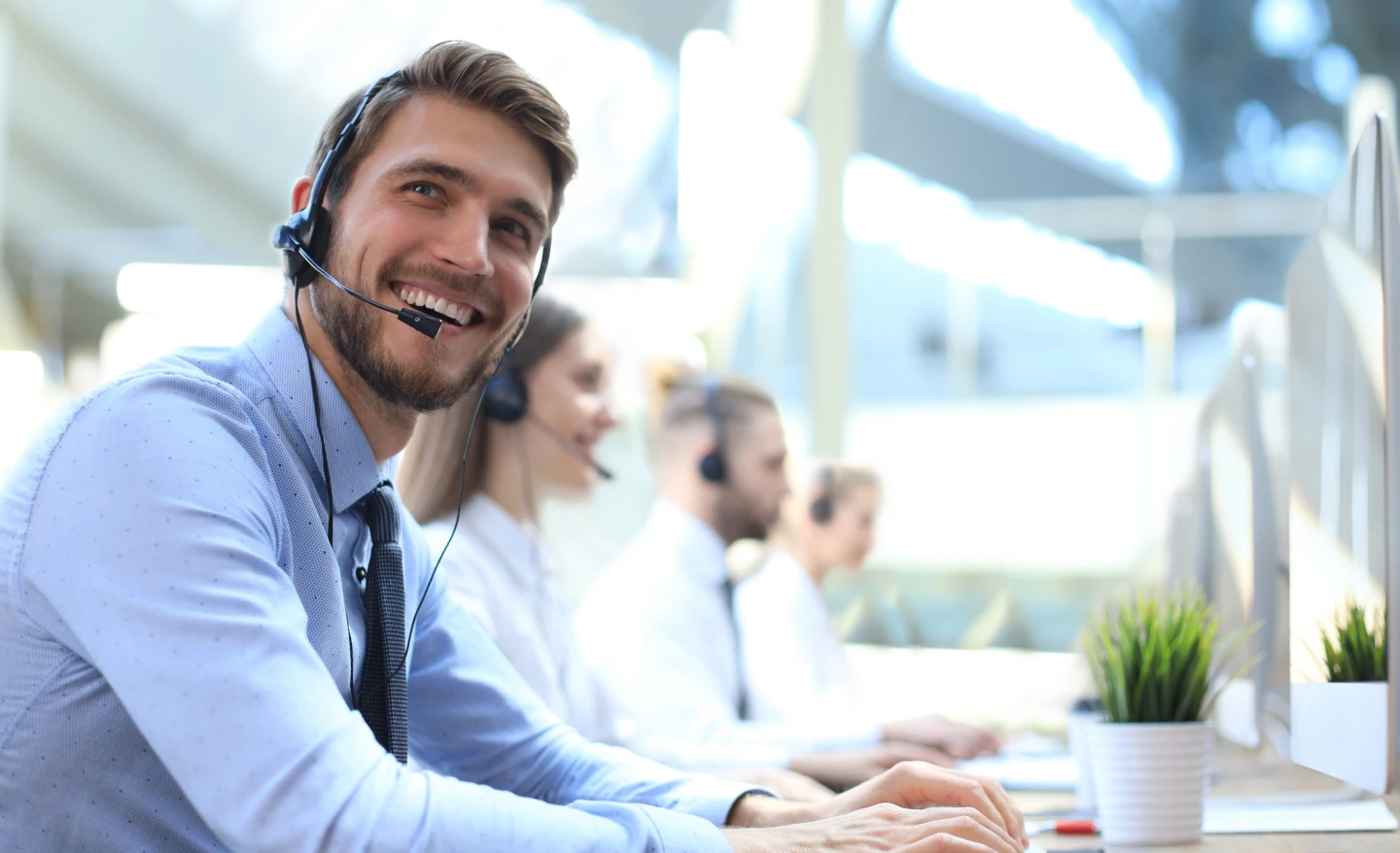 Worker simling while working